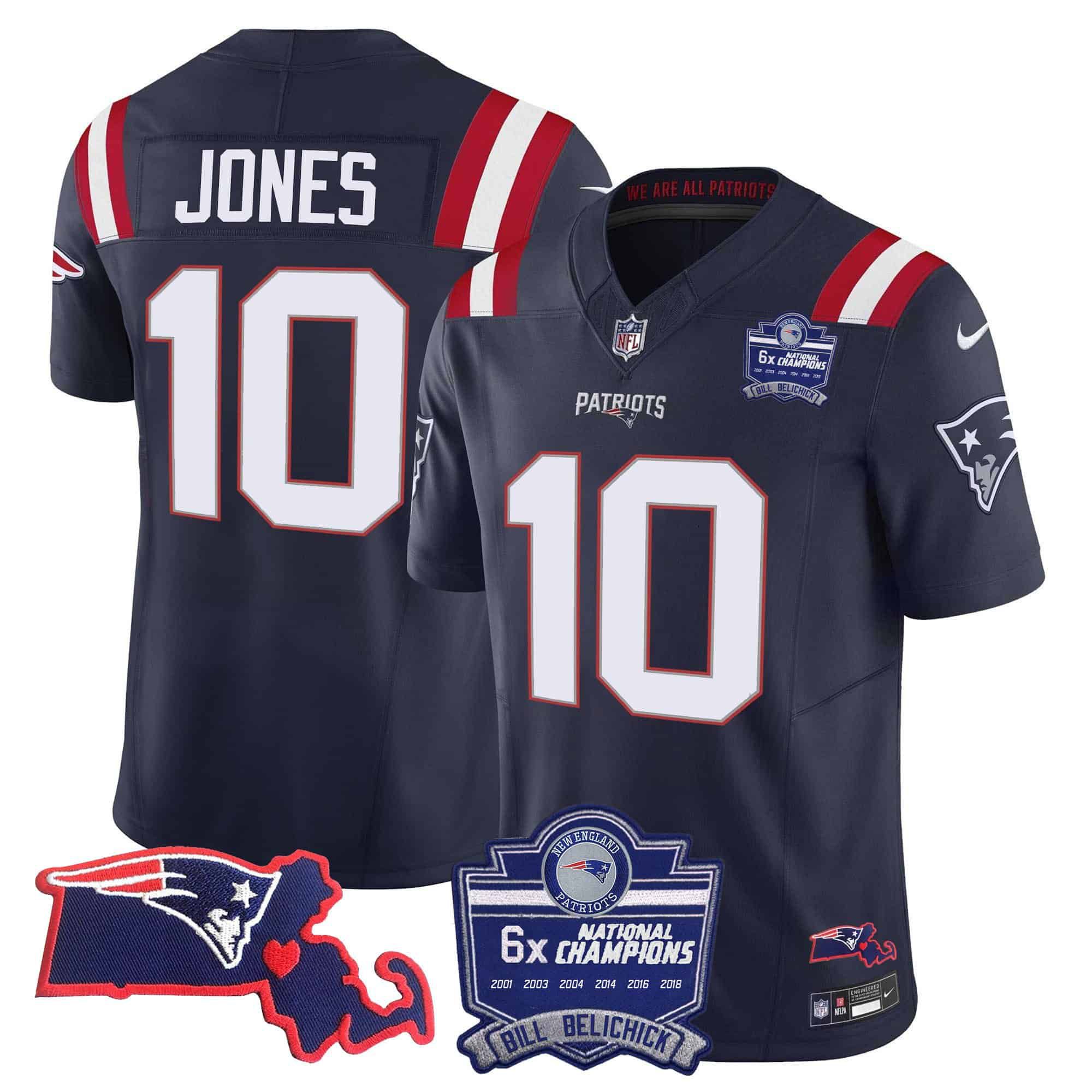 Men New England Patriots #10 Jones Dark blue 2024 Nike 6x Champions Patch Vapor Limited NFL Jersey style 1